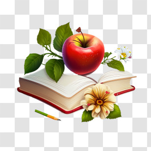 Apple On Books
 - Apple And Book With Flower And Pencil Transparent PNG