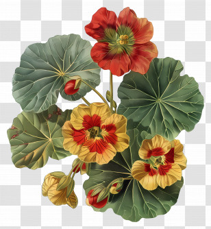 Vintage Flowers - Nasturtium Flowers With Lush Green Leaves Transparent PNG