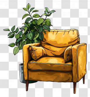 Arm Chair - Modern Yellow Armchair With A Plant Illustration Transparent PNG
