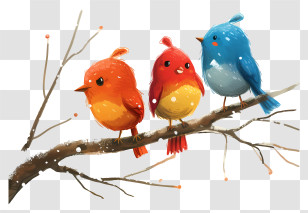 Winter Bird - Adorable Colorful Birds Perched On Winter Branch Transparent PNG