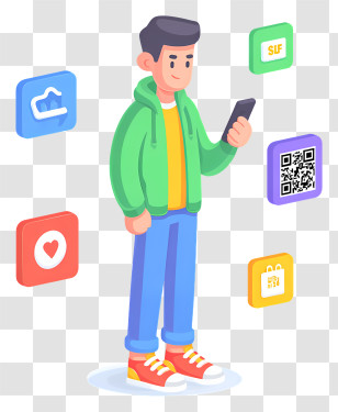 Man Scanning Qr Code - Young Man Using Smartphone With App Icons Transparent PNG
