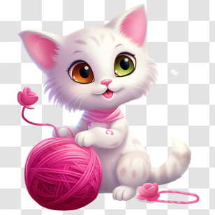 Cat Playing Yarn Ball - Cute White Kitten Playing With Pink Yarn Transparent PNG