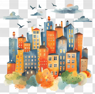 City Misty Morning - Colorful Cityscape Illustration Transparent PNG