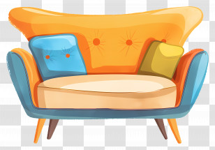 Sofa - Colorful Retro Orange Sofa With Cushions Transparent PNG