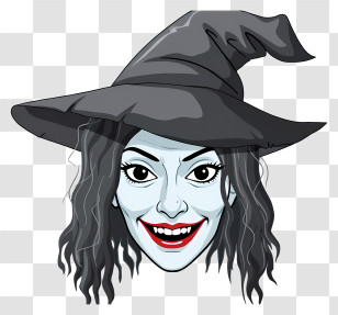 Halloween Witch Face - Black-Haired Witch With Black Hat Transparent PNG