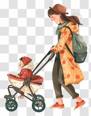 Woman Pushing Stroller - Mother Walking With Child In Stroller Transparent PNG