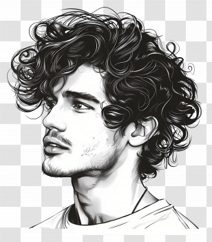 Male Curly Hair Style - Black And White Portrait Of Curly Haired Man Transparent PNG
