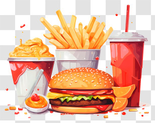 Fast Food - Colorful Fast Food Set With Burger, Fries, And Cola Transparent PNG