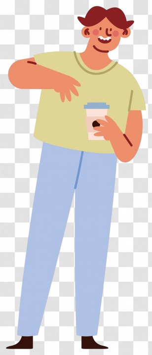 Drinking Coffee - Cartoon Man Holding Coffee Cup In Pastel Style Transparent PNG