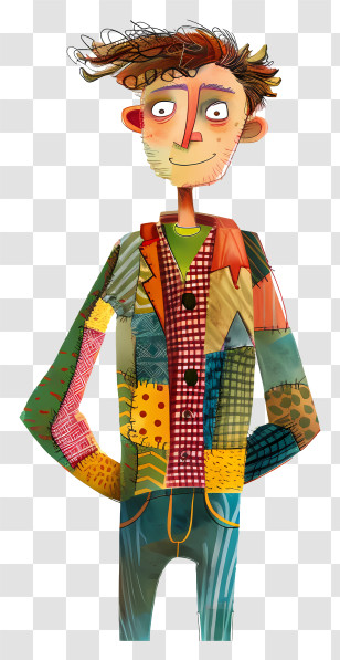 Whimsical Cartoon Man - Colorful Patchwork Man Character Transparent PNG