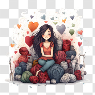 I Love Yarn Day - Girl With Yarn And Hearts Transparent PNG