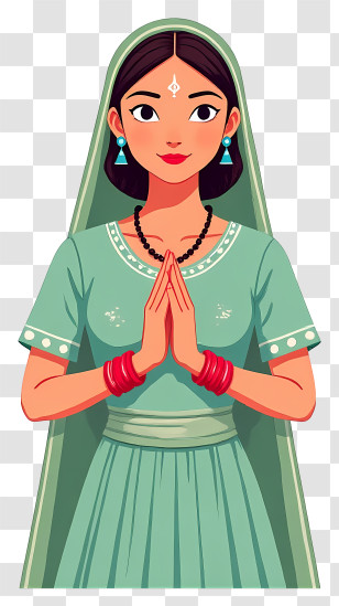 Indian Woman Welcome Namaste Hands - Calm Woman In Green Greeting Transparent PNG