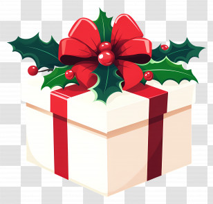 Christmas Box - Christmas Gift Box With Holly And Bow Transparent PNG
