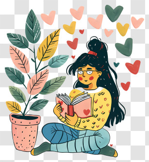 Book Lover - Cozy Girl Reading With Potted Plant And Heart Illustrations Transparent PNG