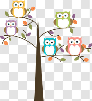 Tree - Cartoon Owls On Decorative Tree Branches Transparent PNG