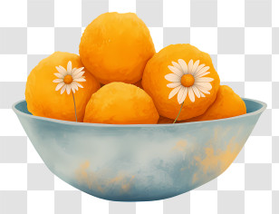 Laddu - Yellow Dessert Balls In Bowl With Daisy Garnish Transparent PNG
