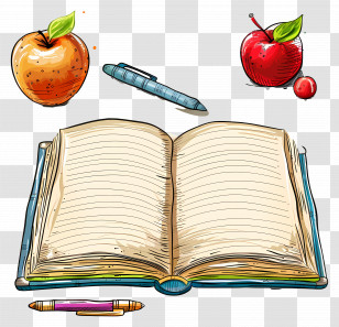 Open Notebook - Open Book With Pen And Apples Transparent PNG