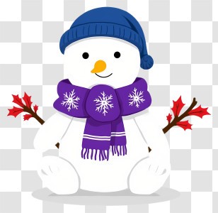 Christmas Snowman - White Snowman With Blue Hat And Purple Scarf Transparent PNG