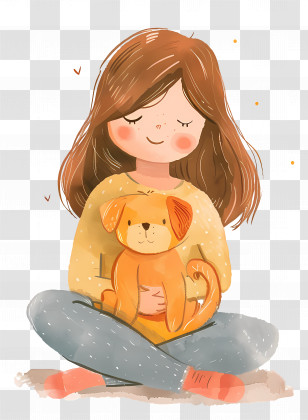 Girl With Dog - Girl Sitting With Dog Plush Toy Transparent PNG