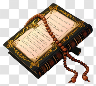 Realistic Holy Book Of Koran And Pray Beads - Open Book With Decorative Text And Prayer Beads Transparent PNG