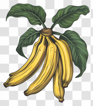 Plantain - Tropical Banana Bunch With Leaves Illustration Transparent PNG