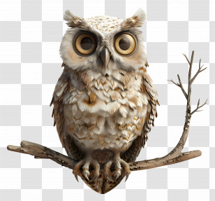 Owl On Branch - Realistic Owl Perched On A Branch Transparent PNG