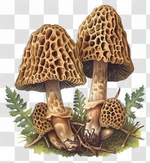 Morel Mushroom - Morel Mushrooms With Ferns Illustration Transparent PNG