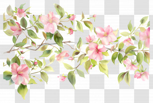 Tropical Flower Background - Watercolor Pink Flowers And Green Leaves Illustration Transparent PNG
