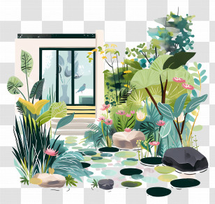 Backyard - Beautiful Garden With Pond Transparent PNG