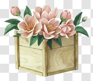 Watercolor Painting - Wooden Box With Pink Flowers Transparent PNG