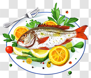 Psd 3d Fish Dish - Delicious Fish Dish With Vegetables And Lemon Garnish Transparent PNG