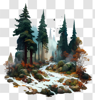 Snowy Forest Path - Misty Snowy Pine Forest Transparent PNG
