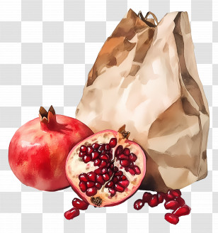 Pomegranate Watercolor - Pomegranate Fruit With Seeds And Paper Bag Transparent PNG