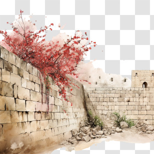 Wailing Wall Flowers - Stone Wall With Red Flowers Transparent PNG
