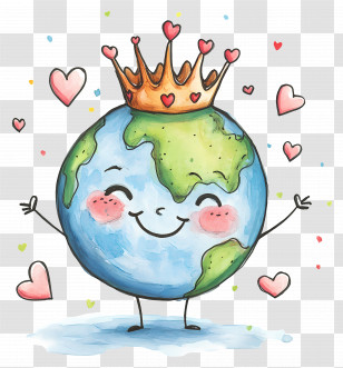 Cartoon Earth - Smiling Earth With Crown For Earth Day Theme Transparent PNG