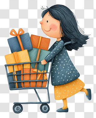 Girl Pushing Shopping Trolley - Woman With Gift-filled Shopping Cart Transparent PNG