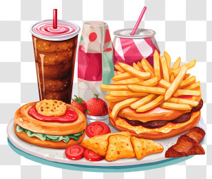 Table Setting - Delicious Fast Food Meal With Drinks Transparent PNG