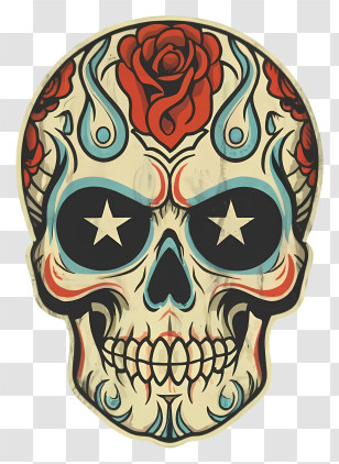 Cartoon - Decorative Skull With Stars And Roses Transparent PNG