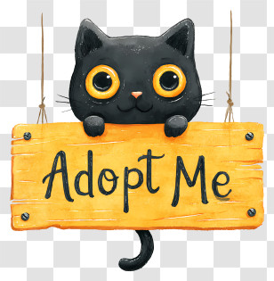 Cat Adopt Me - Big-Eyed Black Cat Holding 'Adopt Me' Sign Transparent PNG