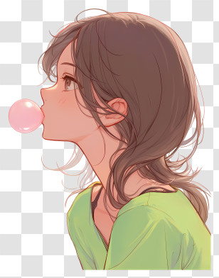 Anime Girl Blowing Bubble Gum - Girl Blowing Bubble Gum In Green Shirt Transparent PNG