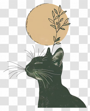 Abstract Cat - Black Cat With Moon And Plant Transparent PNG