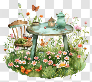 Spring - Tea Table With Chair And Butterflies Transparent PNG