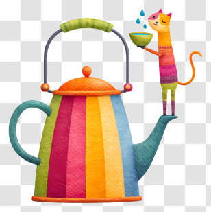 Teapot And Cat - Colorful Kettle With Cat Transparent PNG