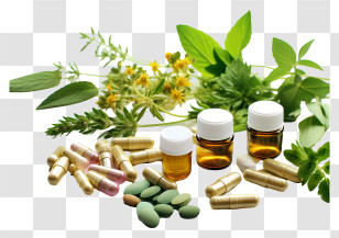 Natural Supplements - Herbal Supplements With Capsules, Pills, And Essential Oils Transparent PNG