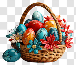 Easter Egg - Colorful Easter Basket With Eggs And Flowers Transparent PNG