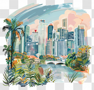 Singapore - Cityscape Painting With Natural Greenery Transparent PNG