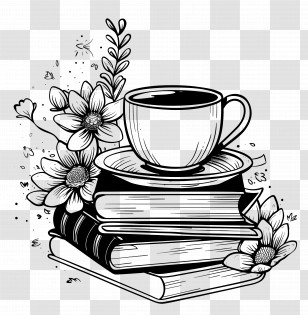 Books Drawing - Artistic Black And White Books And Teacup Drawing Transparent PNG