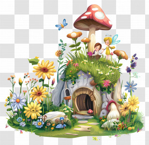 Fairy Garden - Fairy Home Surrounded By Vibrant Flowers Transparent PNG