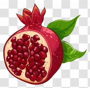 Pomegranate - Juicy Pomegranate With Seeds And Leaves Transparent PNG