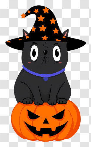 Halloween Cat In Pumpkin - Black Cat With Witch Hat On Pumpkin Transparent PNG